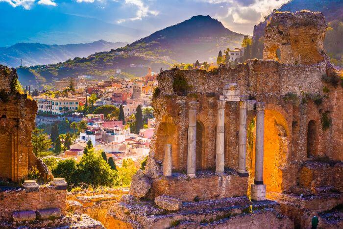 Landscape view of Sicilian countryside behind Roman ruins